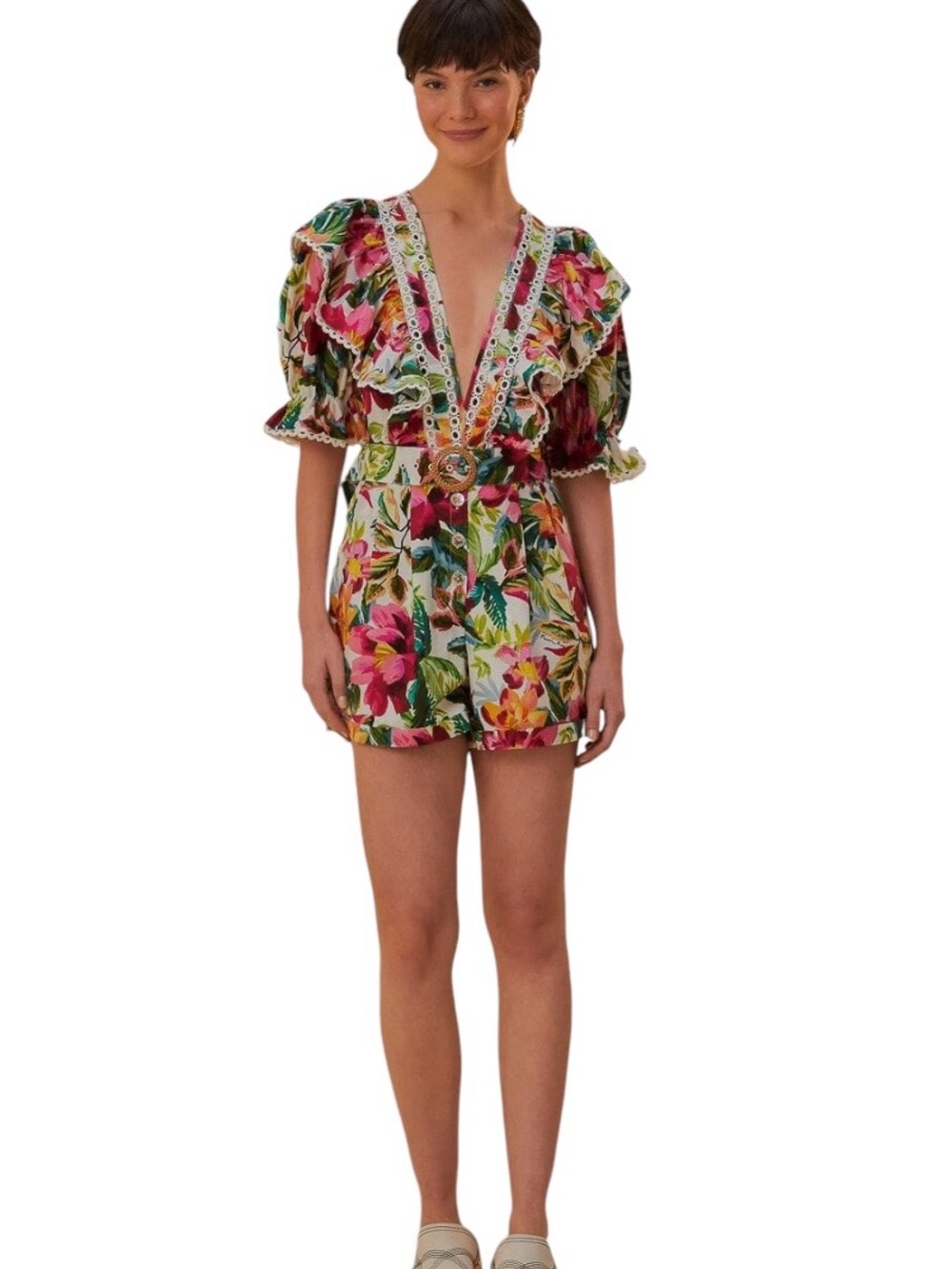 FARM Rio Multicolor Tropical Floral V-Neck Puff Sleeve Romper
